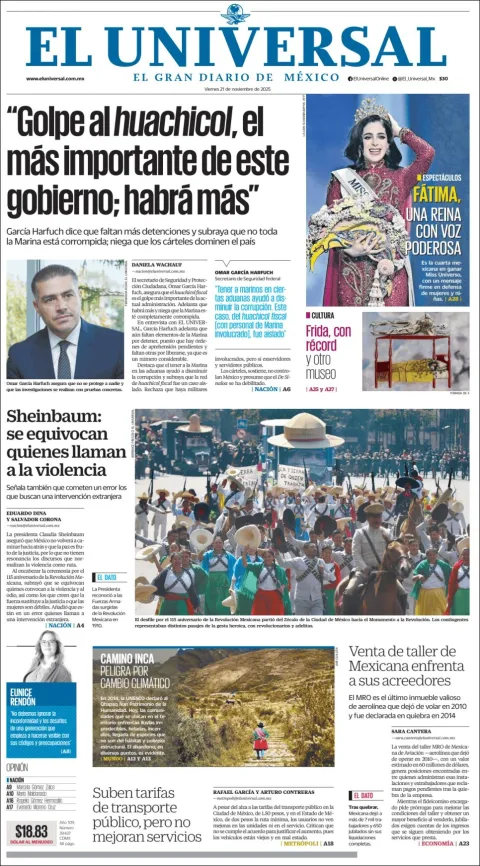 Portada de El Universal del viernes, 21 de noviembre de 2025
