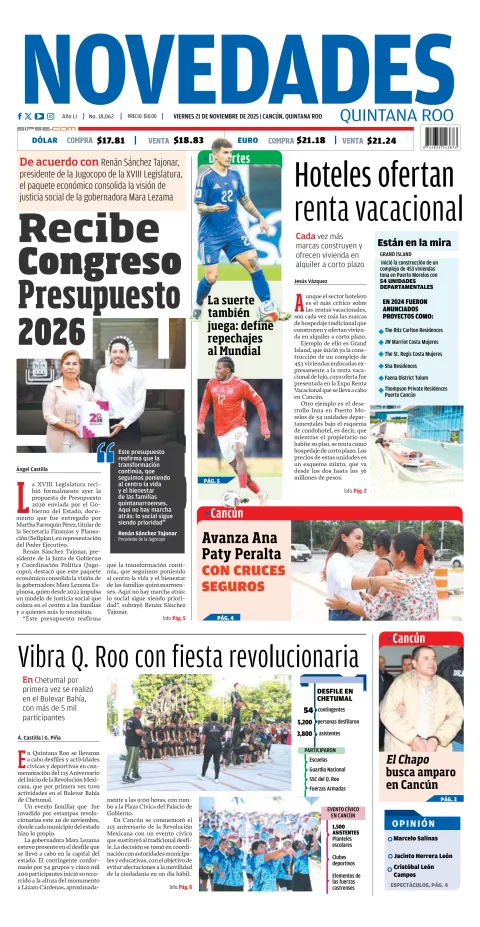 Portada de Novedades Quintana Roo del viernes, 21 de noviembre de 2025