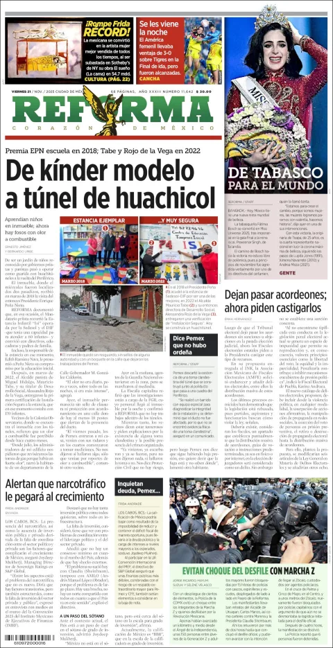 Portada de Reforma del viernes, 21 de noviembre de 2025