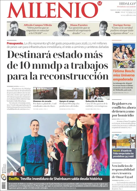 Portada de Milenio Hidalgo del viernes, 21 de noviembre de 2025