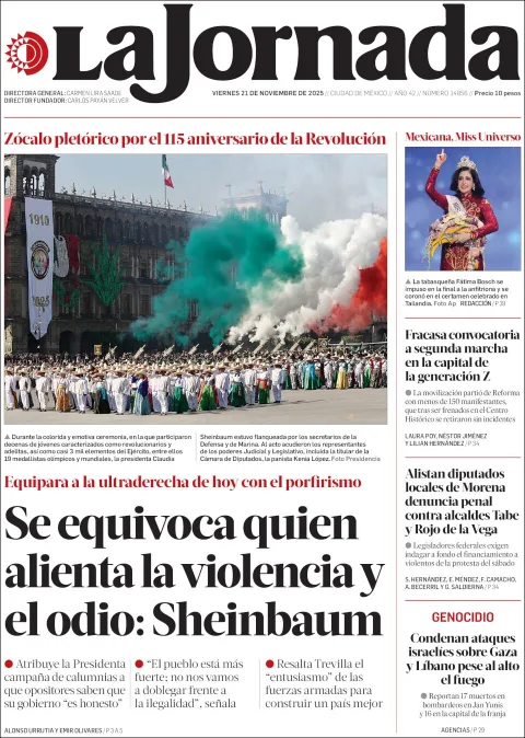 Portada de La Jornada del viernes, 21 de noviembre de 2025