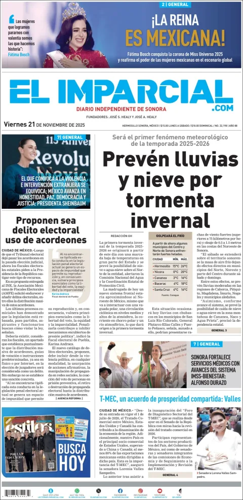 Portada de El Imparcial del viernes, 21 de noviembre de 2025
