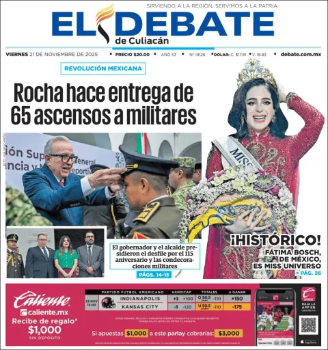 Portada de El Debate de Culiacan del viernes, 21 de noviembre de 2025