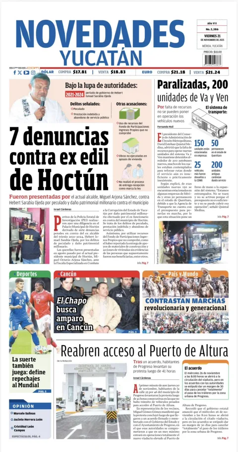 Portada de Novedades Yucatan del viernes, 21 de noviembre de 2025