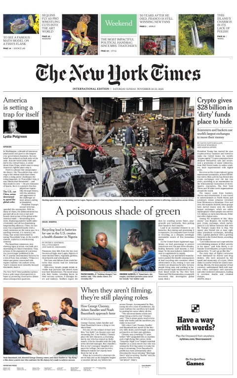 Portada de The New York Times (international) del sábado, 22 de noviembre de 2025