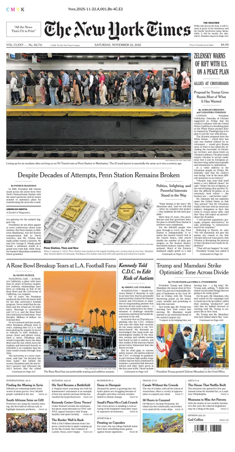 Portada de The New York Times (national) del sábado, 22 de noviembre de 2025