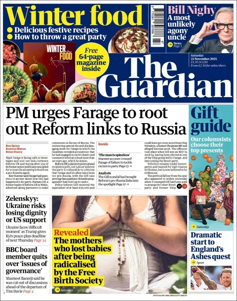 Portada de The Guardian (reino Unido) del sábado, 22 de noviembre de 2025