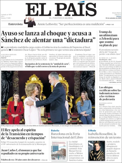 Portada de El Pais del sábado, 22 de noviembre de 2025