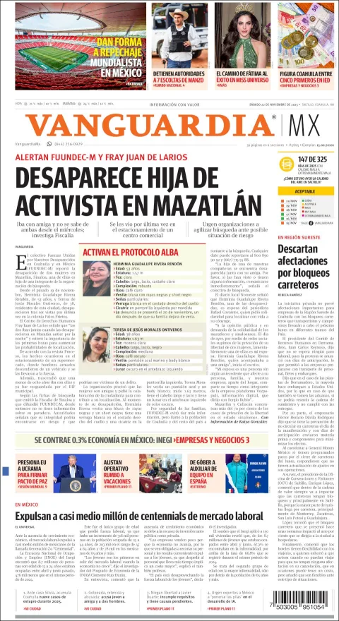 Portada de Vanguardia del sábado, 22 de noviembre de 2025
