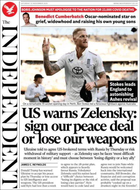 Portada de The Independent del sábado, 22 de noviembre de 2025