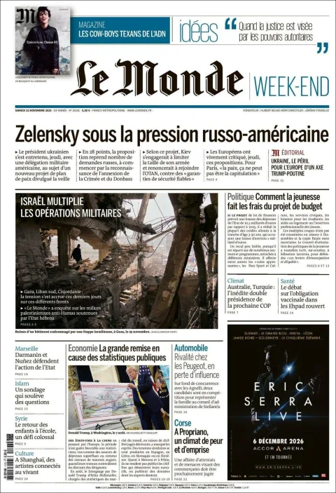 Portada de Le Monde del sábado, 22 de noviembre de 2025