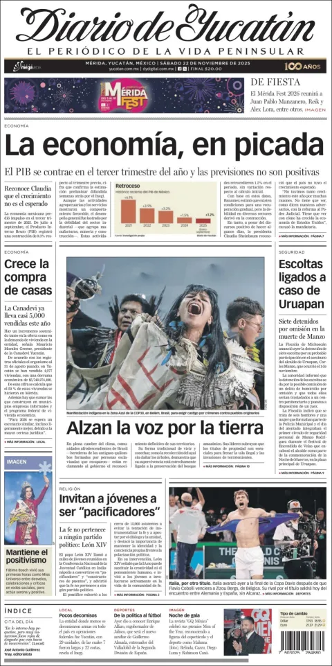 Portada de Diario de Yucatán del sábado, 22 de noviembre de 2025