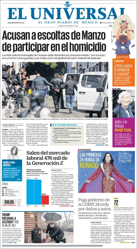 Portada de El Universal del sábado, 22 de noviembre de 2025
