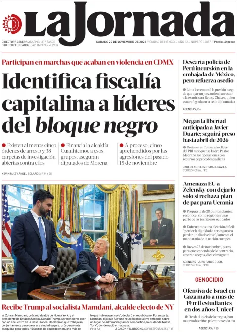Portada de La Jornada del sábado, 22 de noviembre de 2025