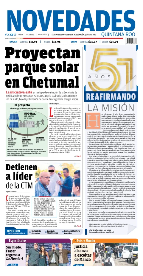 Portada de Novedades Quintana Roo del sábado, 22 de noviembre de 2025