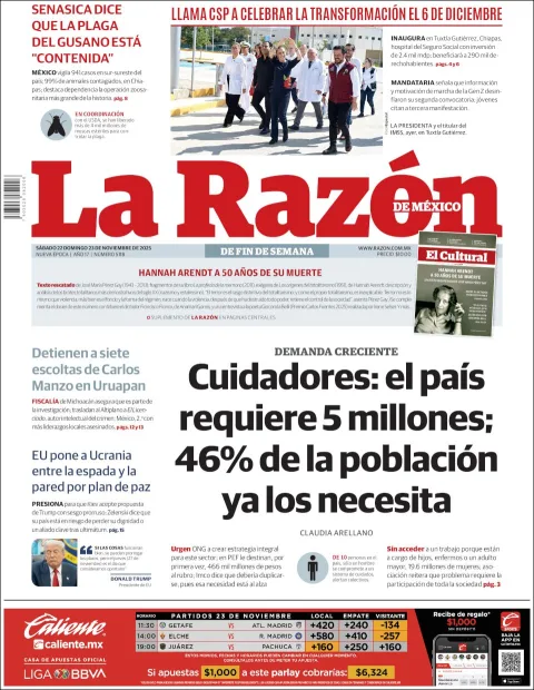 Portada de La Razon del sábado, 22 de noviembre de 2025