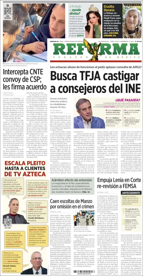 Portada de Reforma del sábado, 22 de noviembre de 2025