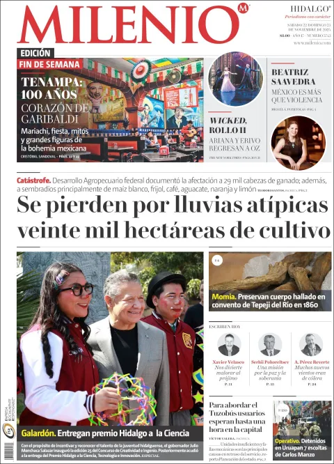 Portada de Milenio Hidalgo del sábado, 22 de noviembre de 2025