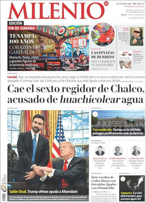 Portada de Milenio Edo de Mexico del sábado, 22 de noviembre de 2025
