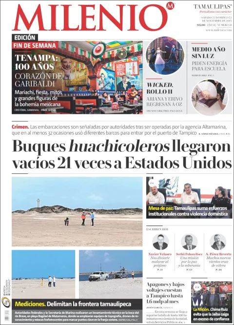 Portada de Milenio Tamaulipas del sábado, 22 de noviembre de 2025