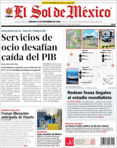 Portada de El Sol de Mexico del sábado, 22 de noviembre de 2025