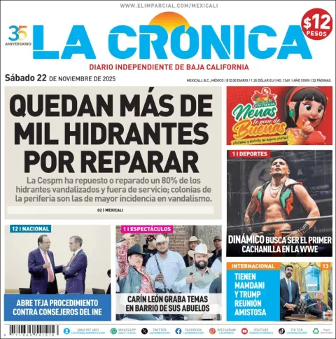 Portada de La Cronica del sábado, 22 de noviembre de 2025