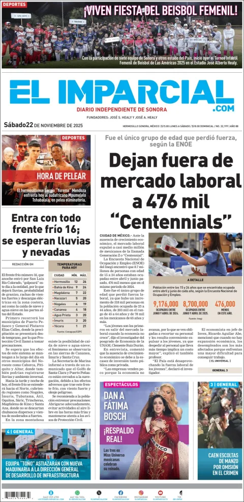 Portada de El Imparcial del sábado, 22 de noviembre de 2025