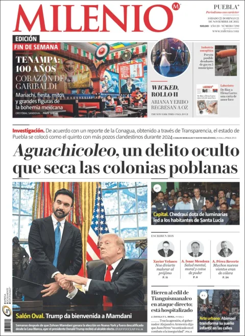 Portada de Milenio Puebla del sábado, 22 de noviembre de 2025