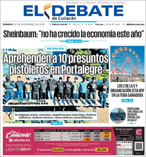 Portada de El Debate de Culiacan del sábado, 22 de noviembre de 2025