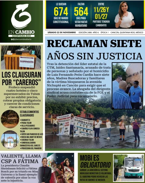 Portada de En Cambio - Quintana Roo (portada) del sábado, 22 de noviembre de 2025