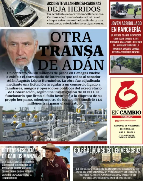 Portada de En Cambio - Tabasco (contraportada) del sábado, 22 de noviembre de 2025