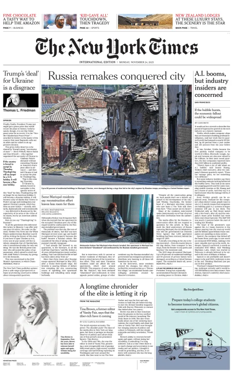 Portada de The New York Times (international) del lunes, 24 de noviembre de 2025