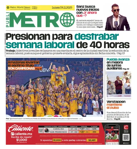 Portada de Publimetro Puebla del lunes, 24 de noviembre de 2025