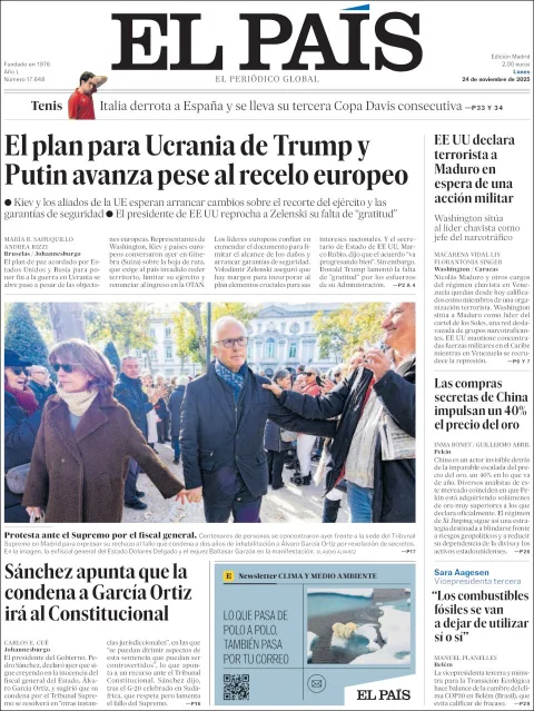 Portada de El Pais del lunes, 24 de noviembre de 2025
