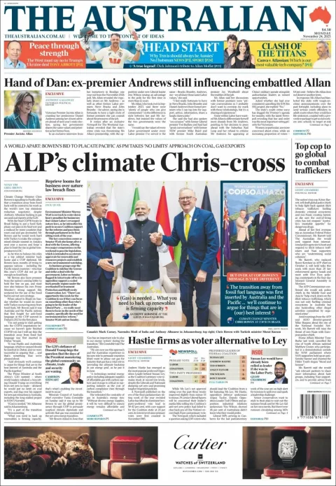 Portada de The Australian del lunes, 24 de noviembre de 2025