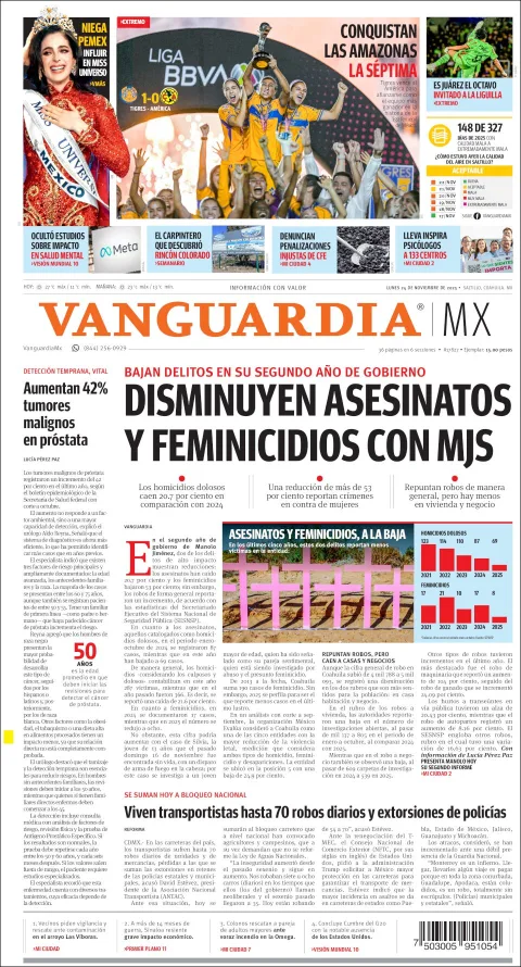 Portada de Vanguardia del lunes, 24 de noviembre de 2025