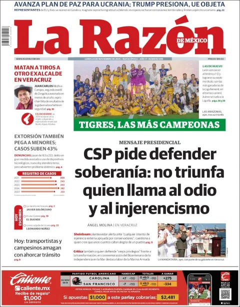 Portada de La Razon del lunes, 24 de noviembre de 2025