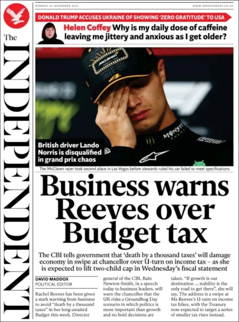 Portada de The Independent del lunes, 24 de noviembre de 2025