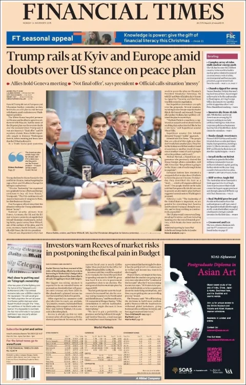 Portada de Financial Times del lunes, 24 de noviembre de 2025