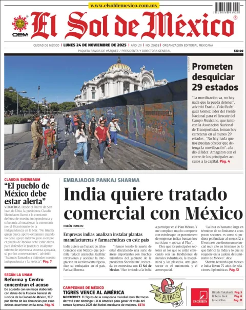 Portada de El Sol de Mexico del lunes, 24 de noviembre de 2025