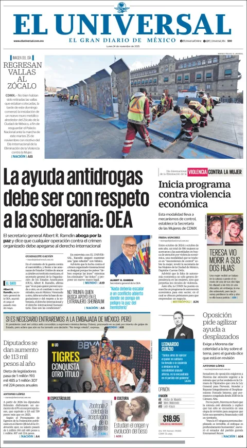Portada de El Universal del lunes, 24 de noviembre de 2025