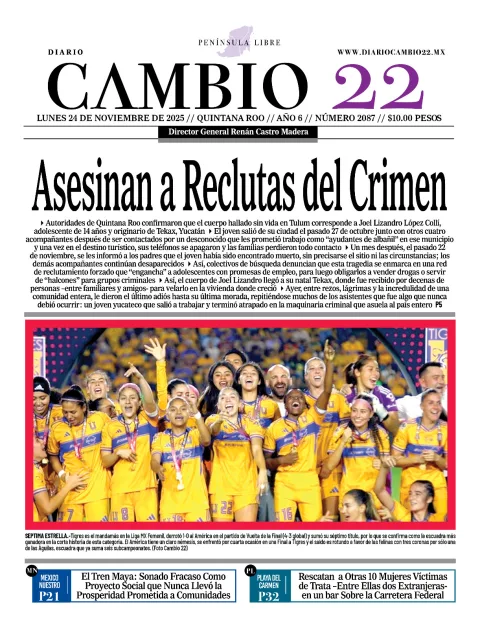 Portada de Diario Cambio 22 (contraportada) del lunes, 24 de noviembre de 2025