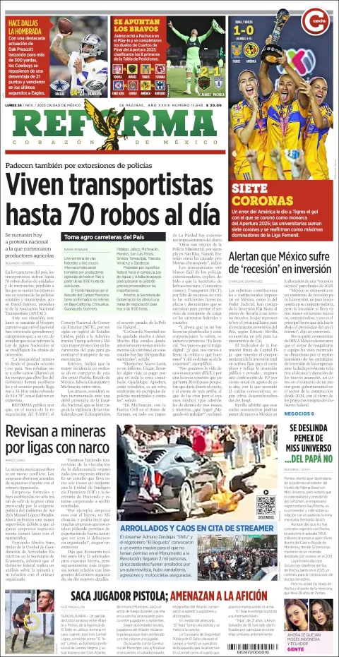 Portada de Reforma del lunes, 24 de noviembre de 2025
