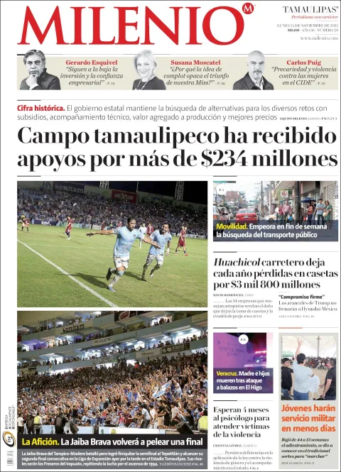 Portada de Milenio Tamaulipas del lunes, 24 de noviembre de 2025