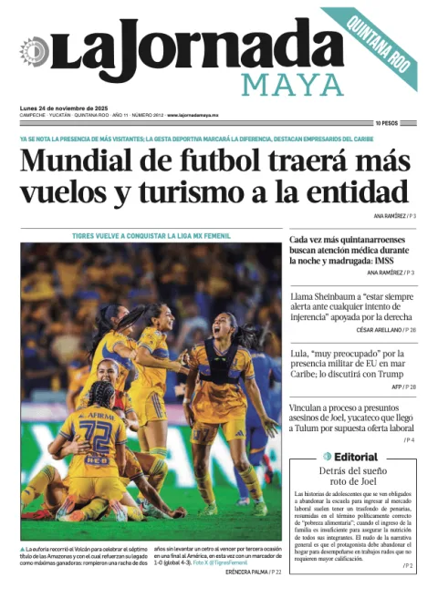 Portada de La Jornada Maya Quintana Roo del lunes, 24 de noviembre de 2025