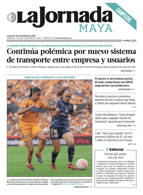 Portada de La Jornada Maya Campeche del lunes, 24 de noviembre de 2025