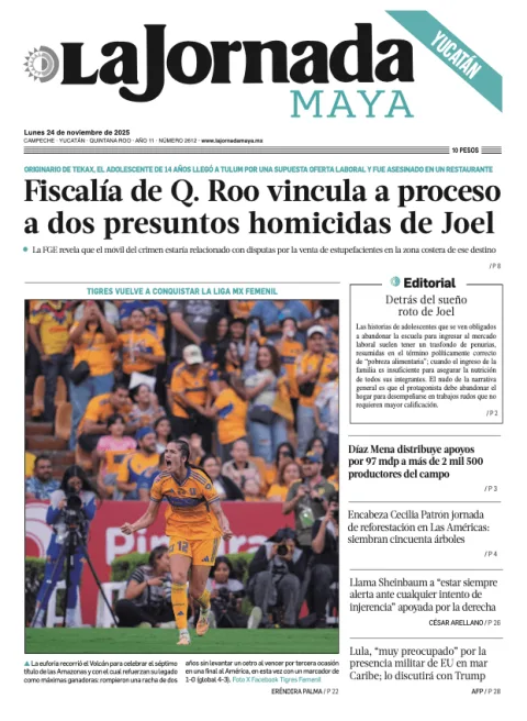 Portada de La Jornada Maya Yucatán del lunes, 24 de noviembre de 2025