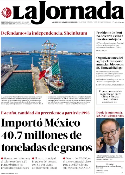 Portada de La Jornada del lunes, 24 de noviembre de 2025
