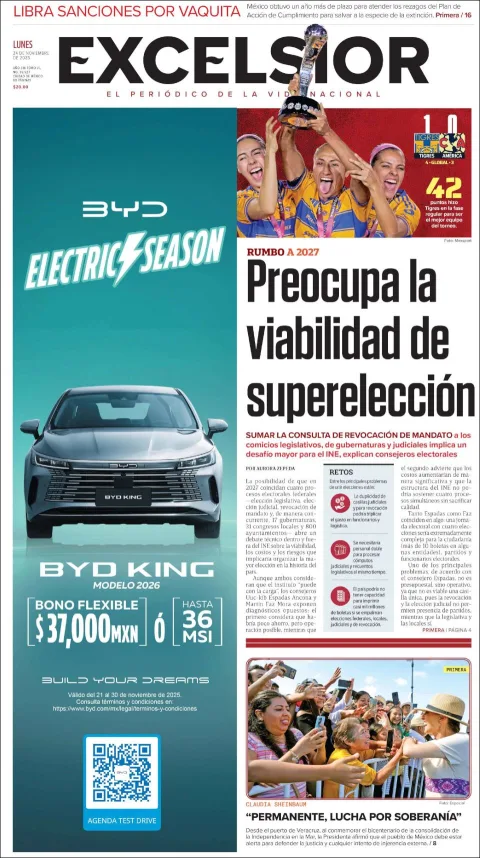 Portada de Excelsior del lunes, 24 de noviembre de 2025