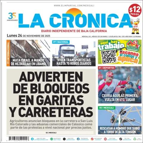 Portada de La Cronica del lunes, 24 de noviembre de 2025
